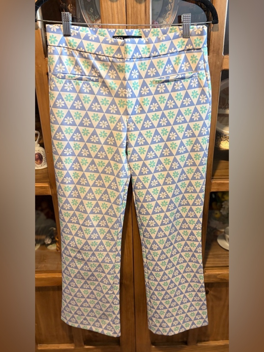 Zara Patterned Floral Triangle 
Trousers Blue & Mint High Rise Flare Size Medium